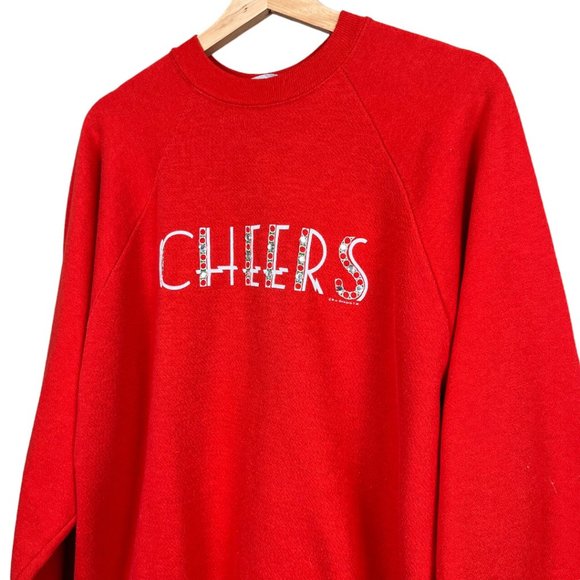 Vintage 80s 90s Red Long Sleeve Pullover Red Graphic Cheers Sweatshirt Holiday L - Picture 4 of 7